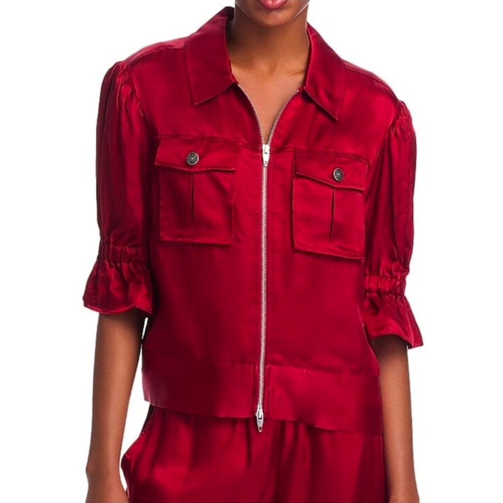 Cinq a Sept Holly Red Cupro Zip Up Puff Sleeve Ruffle Utility Jacket Size M
